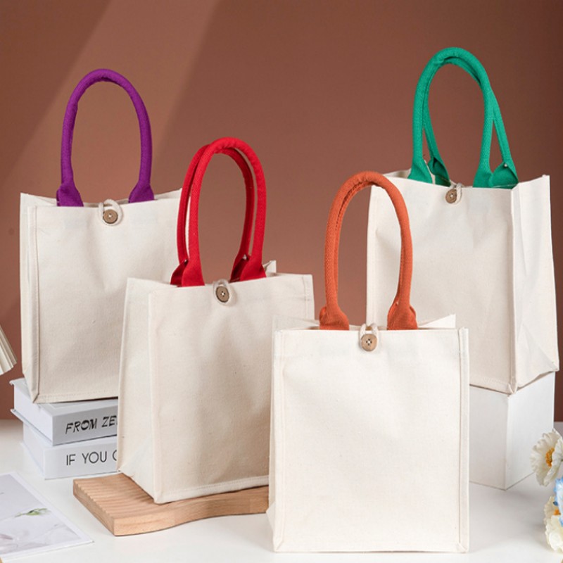 Contrast Handle Canvas Tote Bag na may Wood Button