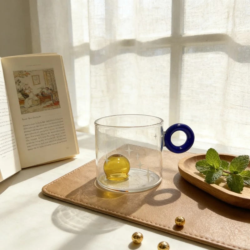 Floating Glass Ball Mug With Color Ring Handle