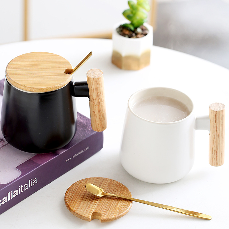 Matte Ceramic Mug Wood Handle Lid Spoon Regalo sa Bahay