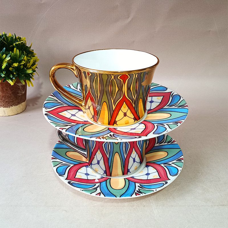 Mirrored Reflection Ceramic Cup at Saucer Set