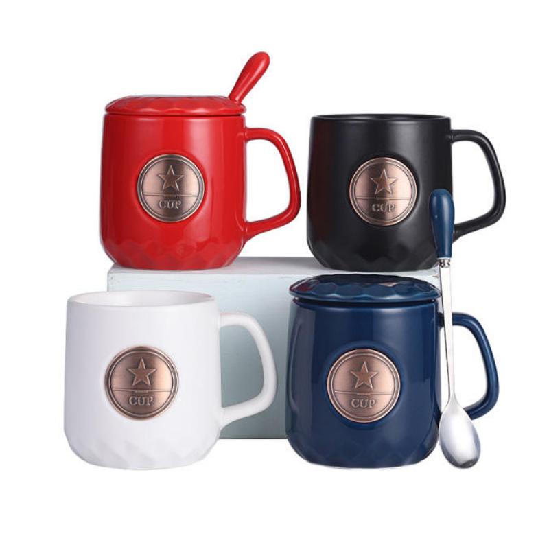 Star Metal Badge 400ml Ceramic Coffee Mug na May Takip At Kutsara