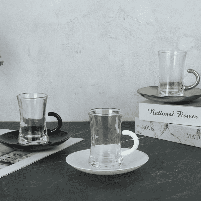 Turkish Style Curved Handle Glass Tea Cup at Saucer Set